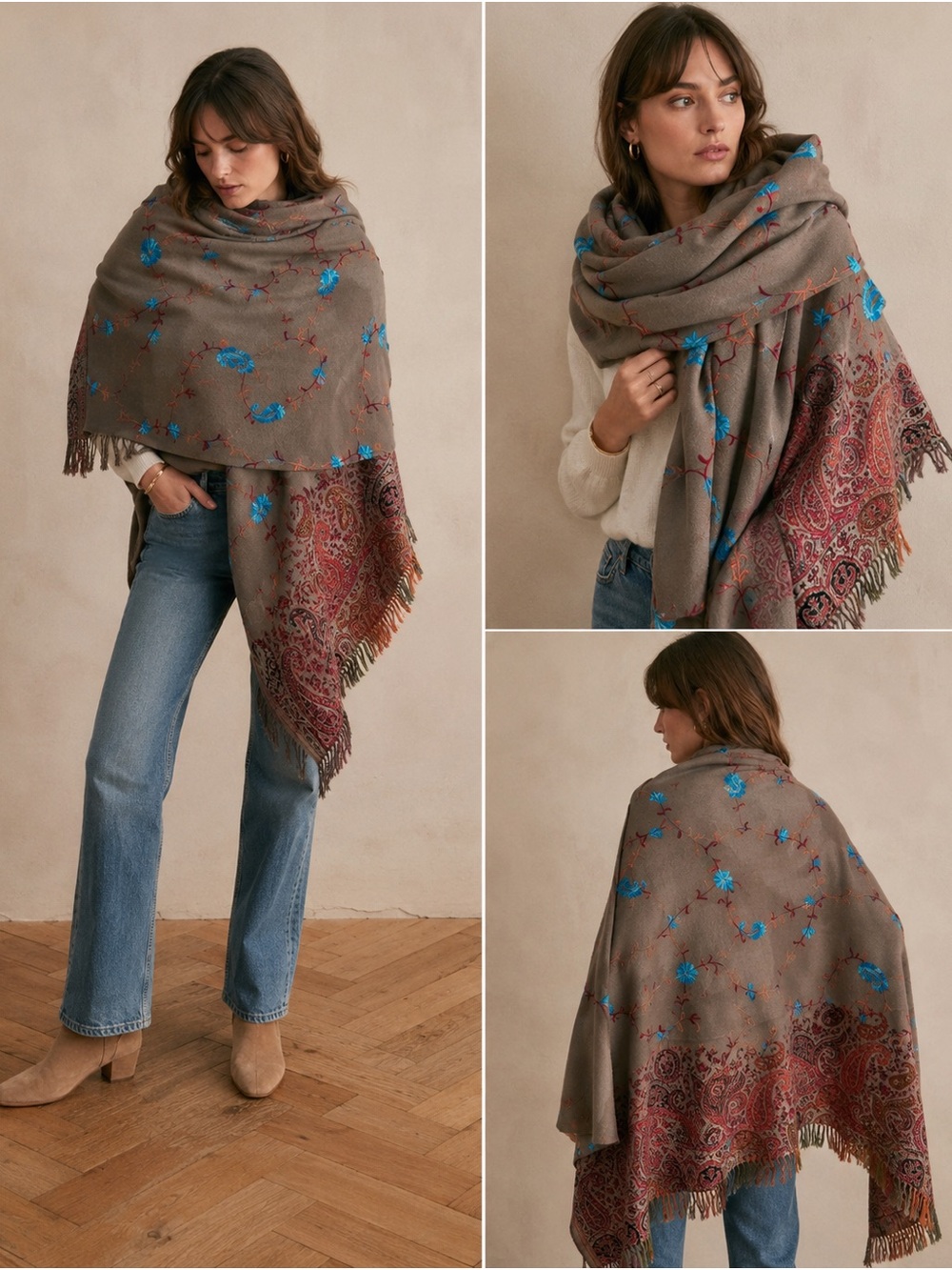 Source Unknown Taupe Shawl Wrap with Blue Floral and Burgundy Paisley